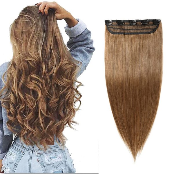 100% Human Hair Clip in Extensions 10 Inch 40g One-piece 5 Clips Long Straight Clip on Hairpiece Half Head for Women Wide Standard Weft Soft Silky #6 Light Brown