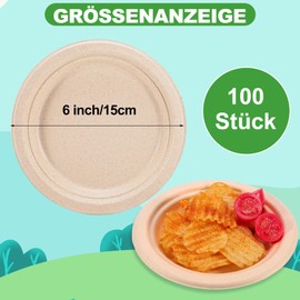 Kinmsito Pack of 100 Disposable Plates, 15 cm Bagasse Paper Plates, Disposable Plates, Brown Round Disposable Tableware, Small Party Plates, Robust Dessert Plates, Disposable Plates for Picnics and