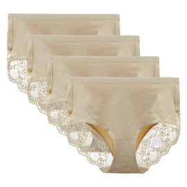 LIQQY Women's 4 Pack Combed Cotton Breathable High Rise Lace Full Coverage Brief Panty Underwear (Large, Nude)