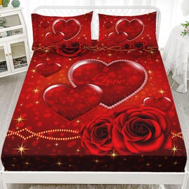 AILONEN Hearts Love Fitted Sheet Set Queen Size,3D Red Rose Bed Sheet Set,Romantic Red Floral Sheet,Hearts Pattern Bed Sheet Set 3 Pieces, 1 Fitted Sheet and 2 Pillowcases