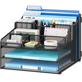 Lavatino Organizador de escritorio, malla metálica con 2 bandejas de papel para cartas, 7 divisores flexibles, 2 soportes verticales para archivos de 