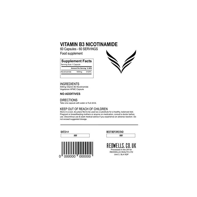 Vitamin B3 Capsules 500mg Nicotinamide REDWELLS No Additives Non Flush