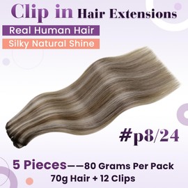 LaaVoo Clip in Hair Extensions Real Human Hair Light Brown and White Blonde Highlighted Hair Extensions Clip in Seamless Remy Real Hair Extensions Clip in Human Hair 12 Inch 5pcs 80g #p8/24