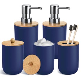ALPIRIRAL Blue Bathroom Accessories Set 5 Pcs, Navy Blue Bathroom Accessories, Plastic Soap Dispenser and Toothbrush Holder Set, Qtip & Cotton Ball Holder, Black Bathroom Set, Boho Bathroom Decor