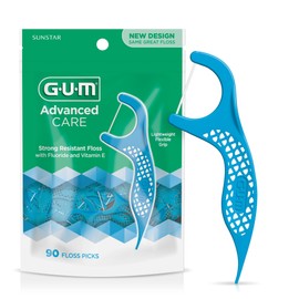 Gum Advanced Care Floss Picks - Dental Flossers for Adults with Vitamin E and Fluoride - Extra Strong Shred-Resistant Dental Floss, Easy Grip Handle, Fresh Mint Flavor, 90 ct
