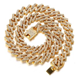 Halukakah Diamond Cuban Link Gold Chain for Men Iced Out,13MM Fuji 18k Real Gold Plated Choker Necklace 16",Multicolor Clear White Diamonds Prong Set,Gift for Him