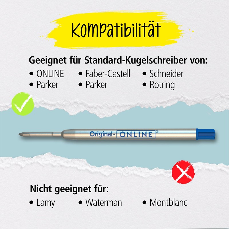 Online 6 ballpoint pen refills blue, black, red, G2 format,