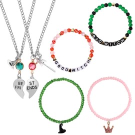 Mikovivi 4pcs Friendship Bracelets & 2pcs Matching Necklaces, Witch Hat Rhinestone Crown Charm Music Bracelets, Connecting Relationship Jewelry for Best Friends Couples Decoration Stuff