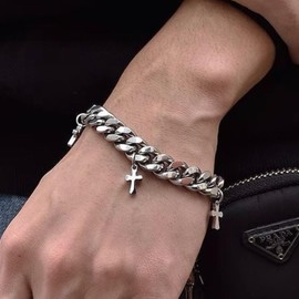 Cross Link Chain Bracelet for Men Punk Bracelets Silver Cross Charms Men's Bracelet Faith Religious Easter Catholic Christian God Jesus Communion Baptism Jewelry Gift