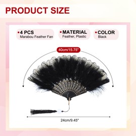PATIKIL Embroidered Flower Marabou Feather Fan, 4 Pack 1920s Vintage Folding Handheld Fan Chinese Flapper Hand Fan for Costume Party Dancing Wedding Show Tea Decoration, Black