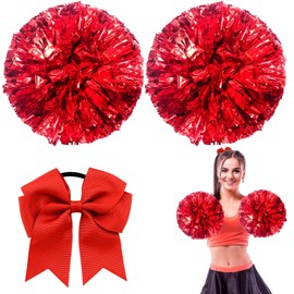 Meanju Pack of 3 Cheerleader Pompoms, Cheerleader Pompoms, Red, Sports Pompoms, Cheers Ball Pompoms, 2 Pompoms + Hair Band, Metallic Foil Pom Poms Dance Pom for Dance Party, Sports, Competition, Team Ghost