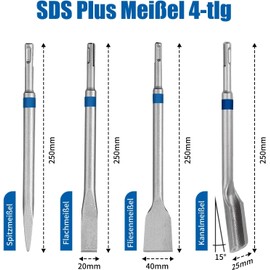 HYCHIKA SDS Plus Chisel Set - 4-Piece Consists of 40 mm Tile Chisel, 20 mm Flat Chisel, 25 mm Channel Chisel and Pointed Chisel, Extremely Robust SDS Plus Chisel for Tiles, Concrete, Stone, Masonry
