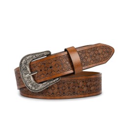 Vintage Western-Cowboy-Belt for Women Men - Carved Buckle PU Leather Waist Belts (for Waist 28"-39"), Brown-2, for 28"-39" waist