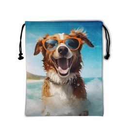Nerxy Fun Dog Gymnastics Grip Bag - Puppy Grips Bag Dog with Glasses Drawstring Storage Bags Sea Beach Pet Towel Bag
