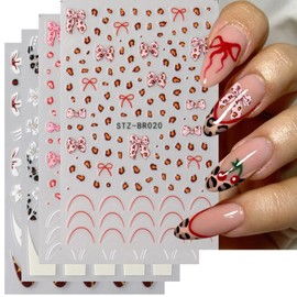 4 Sheets Nail Stickers Cute Bow Leopard Flower Nail Art Stickers Holiday Nail Decals Pink Red Black Sticker 3D Self Adhesive Nail Art Supplies for Women DIY Acrylic Nail Decor