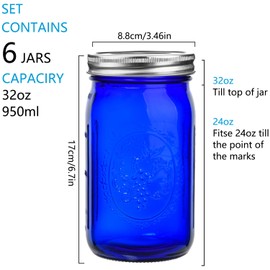 eleganttime Blue Mason Jars Wide Mouth,2 Pack Cobalt Blue Colored Mason Jars 32 oz for Canning