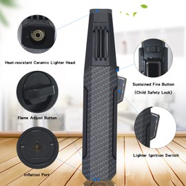 DOUBFIVSY Butane Torch Lighter, Refillable Kitchen Cooking Torch with Safety Lock, Windproof Adjustable Jet Flame Solar Beam Torch Blow Torch for Baking BBQ Mens Gifts (Without Gas) (Carbon Fiber)