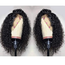 Fdsweetzj 13 * 3.5 Lace Frontal Wigs Wet Wavy 180% Density for Women Natural Black Synthetic Heat Resistant Fiber Wave Wigs Hair Curly Glueless Top Lace Wigs Pre Plucked with Baby Hair (Black 24inch)