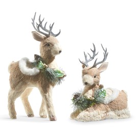 The Bridge Collection 10.5" and 15" Woodland Wreath Deer Figurines - Set of 2 - Home for The Holidays - Christmas Deer Figures - Deer Figurines