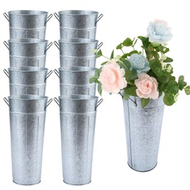 Entjor 8 Pcs 9 Inch Galvanized Metal Vase with Handles,Tin Flower Bucket for Flower Bar,Home Decor,Wedding Centerpiece,Table Decorations,Unbreakable Tall Vase for Fresh Flowers (Silver, 9 inch)