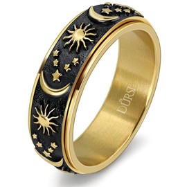 DURSI Sun Moon and Star Spinner Fidget Ring for Anxiety for Men Women Stainless Steel Rotating Engagement Wedding Band 8MM, 12, Metal, Sandstone