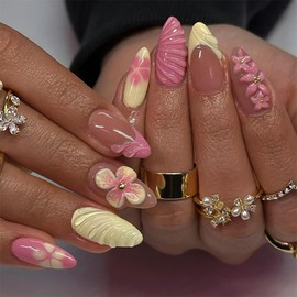30Pcs 3D Flower Press on Nails Medium Almond Fake Nails Summer Nails Press ons with Floral Pink Starfish Design False Nails Water Ripples Pink Yellow French Acrylic Nails Glue on Nails for Women