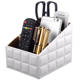 XNONE Leather Remote Control Organiser with 3 Compartments, Multifunctional Bedside Table Desk Organiser, Desk Organiser, Pen Holder for Pens, Glasses, Mobile Phones, Make-Up (White Line, 3