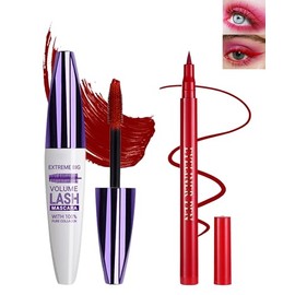 Máscara Y Delineador De Ojos Rojos Resistentes Al Agua, Extensiones De Pestañas De Fibra De Seda 5D Con Tubo De Color Para Volumen Y Longitud,...     