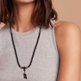 COAI Unisex 108 Mala Chain Wrap Bracelet Made of Matte Onyx and Tiger's Eye Beads with Evil Eye Charm, Stainless Steel Stone, Tiger's Eye