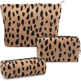 3 count Makeup Bag  Bag Set for Girls Women Travel Organizer Bathroom Toiletry Pouch Large Capacity Storage Bag (Strawberry Pink) - Color: Leopard Brown