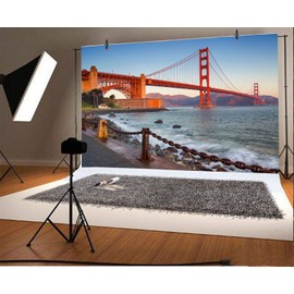 AOFOTO 7x5ft Golden Gate Bridge Backdrop River Mountains Sunset San Francisco California Tourist Attractions Scenic Spots Photography Background Video Display Vinyl Photo Booth Prop