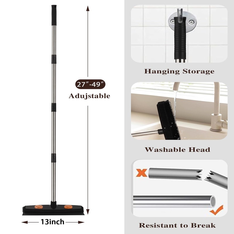 Pet Rubber Broom with 49inch Long Handle, Portable Detailing Lint