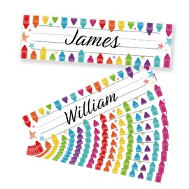YQUQWN 36 PCS Desk Nameplates for Classroom, Double Sided Rainbow Crayon Desk Name Tags Traditional Manuscript Name Tags, Waterproof Surface for School Cubbies, 9.4" x 2.8" for 1st 2nd 3rd Grade