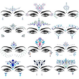 12 Sets Face Gems, Mermaid Face Jewels Rhinestone Stickers, Temporary Tattoo Crystal Rave Face Eyebrow Body Jewels Stickers for Race Carnival Makeup Festival Holiday Costumes Party