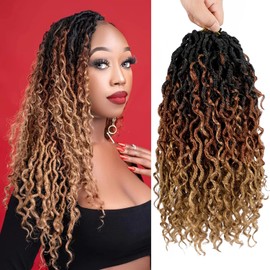 18 Inch Ombre Faux Goddess Locs Crochet Hair for Women Long Curly River Locs Pre Looped Crochet Braids with Curly Ends Synthetic Hair Extensions (6 packs, #1b/30/27)