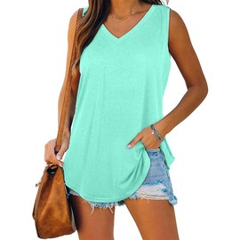 Famulily Casual Summer Beach Sleeveless V Neck Tank Tops for Women Ladies Plain Baggy Tunic Shirts(Light Green,S)