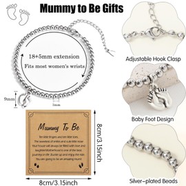 BENIFILE Mum to Be Gifts, Baby Shower Gifts, Mummy to Be Gifts, Silver Bracelet for Women with Little Foot Charm and Greeting Card, New Mum Gifts, Pregnancy Gifts for Mum Expecting Christmas Gifts
