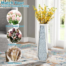 GA Home 24" Tall Crushed Diamond Floor Vase, Silver Large Vases for Decor Living Room, Crystal Mirrored Home Decor Vases for Dried Flower