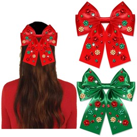 2PCS Christmas Hair Bow Clips for Women Christmas Accessories Xmas Bow Tree Reindeer Snowflake Hair Bows Silky Satin Red Green Bows Holiday Hair Ribbons Christmas Outfits Holiday Gifts