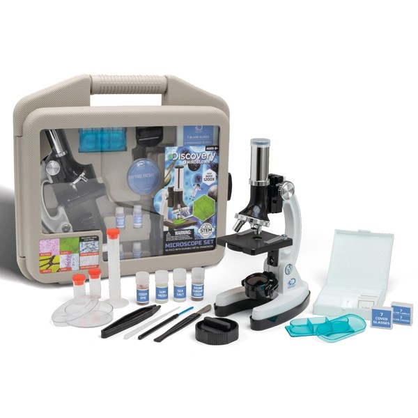 Discovery #MINDBLOWN Microscope Set 48-Piece with Durable Metal Framework, 100X to 1200X Magnification, Complete Set with Test Tubes, Tools, Slides and More