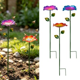 CHOUYUHE 3 Pack Metal Flower Bee Watering Station, Colorful Garden Bee Bath Feeder Bird Bath with Stake, Outdoor Pollinator Water Station Butterfly Feeder Yard Decor (Purple, Red, Blue)