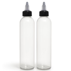 BRIGHTFROM Twist Top (Black) Applicator Bottles, 8 OZ Crystal Clear, Squeeze Empty Plastic Bottles, BPA-Free, PET, Refillable, Open/Close Nozzle - Multi Purpose (Pack of 2)