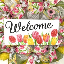 Handmade Welcome Tulips Spring Wreath Handmade Deco Mesh