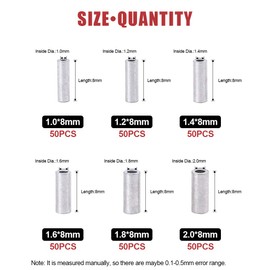 Hilitchi 300 Pcs 6 Sizes Single Barrel Crimp Sleeves for Fishing Line Aluminum Crimp Sleeves Connector Kit for Fishing Line for 1.0, 1.2, 1.4, 1.6, 1.8, 2mm Fishing Wire Dia.