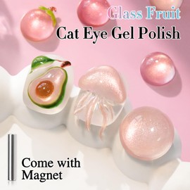 Double Rhythm 0.5 OZ Cat Eye Gel Polish with Magnet 15ML Holographic Glitter Shimmer Translucent Jelly Color Magnetic Nail Polish Salon DIY at Home (Fruit Nude-MC1203)