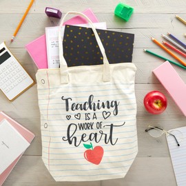 Sparkle and Bash Canvas Tote Bag for Teacher Appreciation Gifts, Teaching is a Work of Heart (14.5 x 15 x 6 In) - Teacher Bag