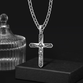 Jesus Necklace for Men 925 Sterling Silver Cross Jesus Pendant Necklace Protect Amulet Jewelry Gifts for Men Women with 22"+2" Chain