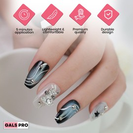 GALSPRO Short Press on Nails - Set of 24 Fake Nails with Designs in 12 Different Sizes for Perfect Fit, Cute False Nails Kit for Women with 0.07oz Nail Glue (MONOCHROME MAGIC COFFIN SHAPE, Short)