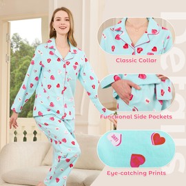 HEARTNICE Women's 100% Cotton Long Sleeve Pajama Set, 2-Piece Cozy Flannel Print PJs Button Up Ladies Sleepwear (Light Blue Heart, 2XL)