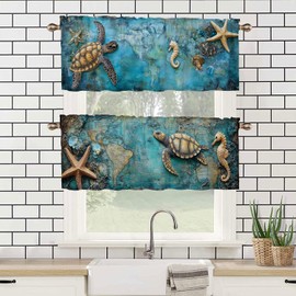 Sea Turtle Kitchen Curtains Set of 2 Sea Life Starfish Seahorses Pceanic Map Rod Pocket Decorative Small Window Curtains Valance for Cafe Living Room Bathroom Window Treatment Valances 54x18 inch